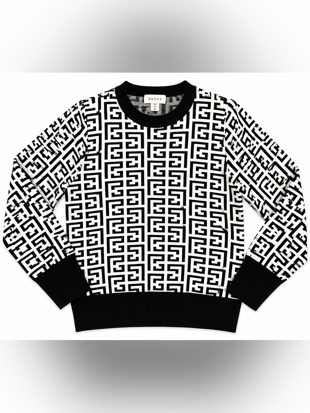 Debut Women’s M Black White Geometric Greek Key Knit Sweater Pullover